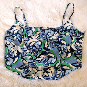 Midnight Sky | NWOT Retro-Print Linen-Blend Smocked Bustier/Corset Crop Top